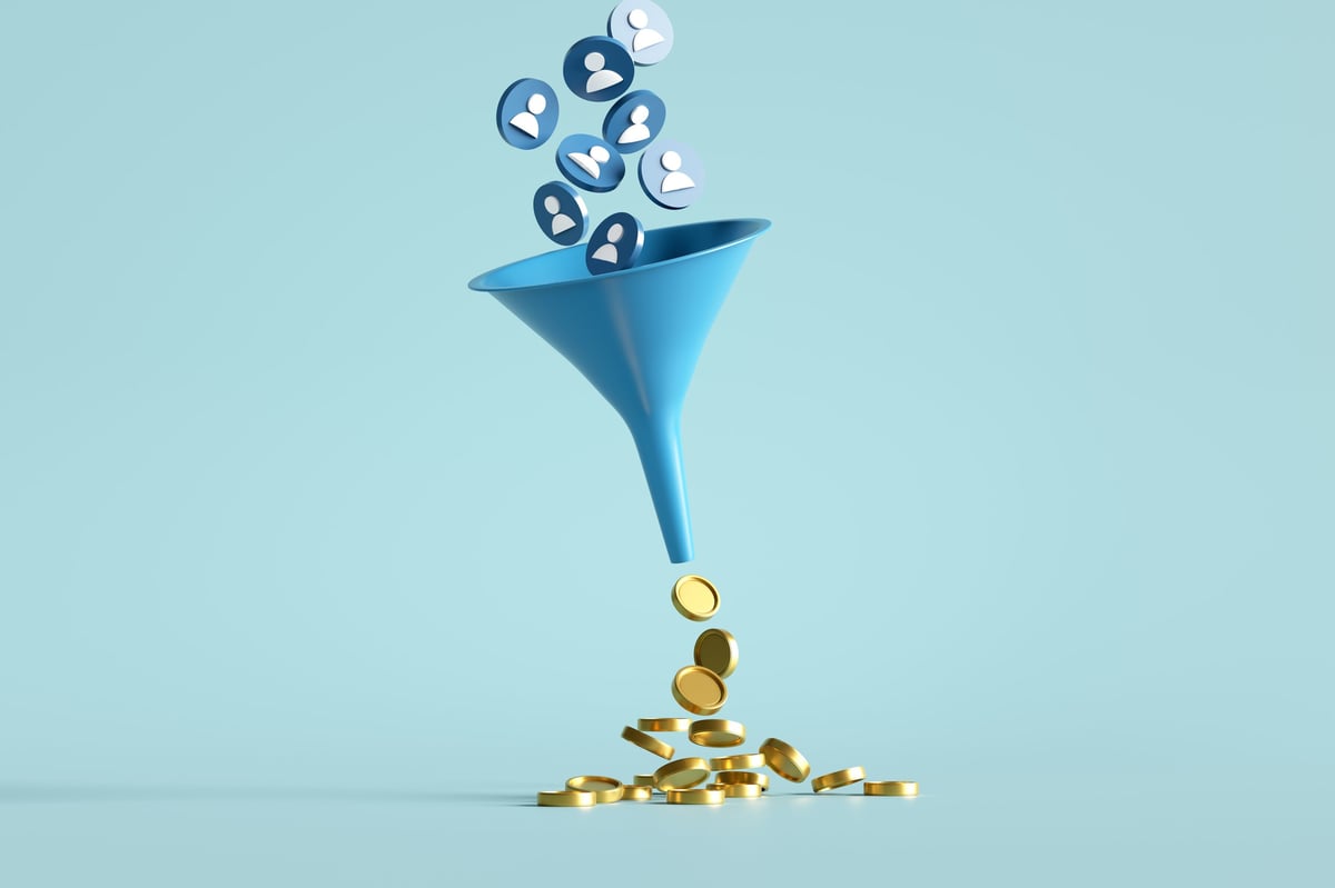 Marketing dashboard showing visitors being filtered through a conversion funnel into revenue